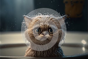 Funny scared or grumpy cat in bath tub