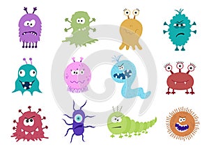 Funny and scary bacteria cartoon characters isolated on white ba