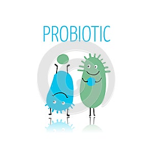 Funny and scary bacteria characters isolated on white. Vector icons of gut and intestinal flora, germs, virus.