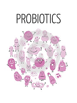 Funny and scary bacteria characters isolated on white. Vector icons of gut and intestinal flora, germs, virus.