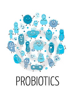 Funny and scary bacteria characters isolated on white. Vector icons of gut and intestinal flora, germs, virus.