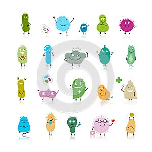 Funny and scary bacteria characters isolated on white. Vector icons of gut and intestinal flora, germs, virus.