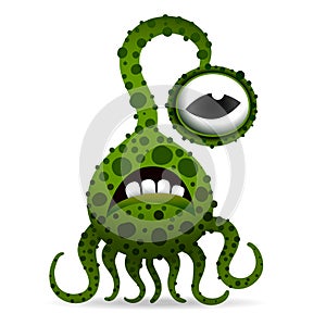 Funny and scary bacteria monster with tentacles, cartoon children s toy hero for Halloween, isolated on white background