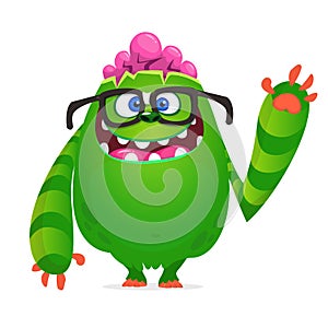 Funny and scary cartoon zombie with pink brains. Vector Halloween  illustration