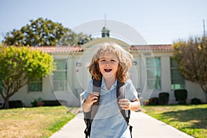 Funny school boy face. Child pupul with rucksacks in the park near school. Schoolboy with backpacks outdoors.