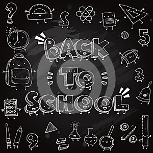 Funny school doodles on blackboard background. Back to school vector illustration