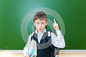 Funny schoolboy grimaces near the green school board in the classroom