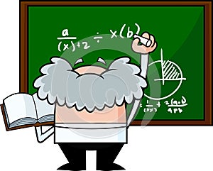 Funny Science Professor Cartoon Character With A Textbook Writes Complex Formulas On Chalkboard