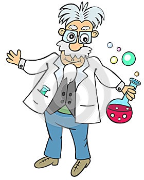 Funny scientist with chemical flask