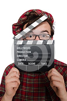 Funny scotsman with movie board