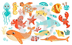 Funny sea animal set cartoon marine character vector illustration ocean life underwater inhabitant