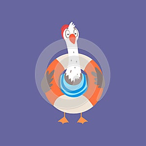 Funny seagull with lifebuoy, cute comic bird character cartoon vector illustration