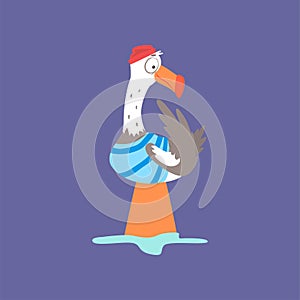 Funny seagull sitting on a marine buoy, cute comic bird character cartoon vector illustration