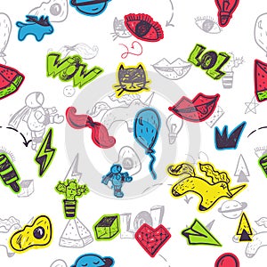 Funny seamless cartoon patch badges pattern with lips, astranaut, cat, egg, watermlon for kids fashion. Vector