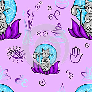 Funny seamless pattern with cartoon cat doing yoga position. Cat meditation in lotus. Healthy lifestyle concept