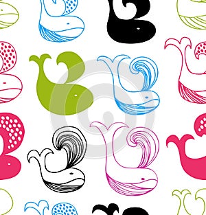 Funny seamless pattern with colorful whales silhouettes