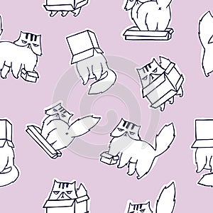 Funny seamless pattern with grumpy and melancholic cat playing with carton box on pink background. Cute hand drawn