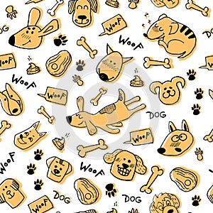 Funny seamless pattern with hand drawn doodle dogs, paw prints and bones