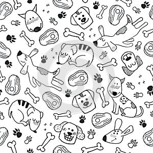 Funny seamless pattern with hand drawn doodle dogs, paw prints and bones. Vector animal character in black and white
