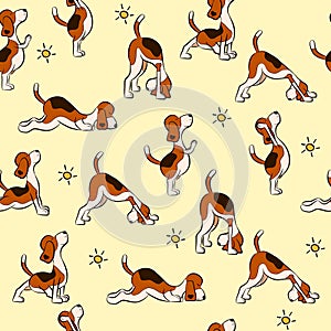 Funny seamless pattern with isolated cartoon dog doing yoga position of Surya Namaskara