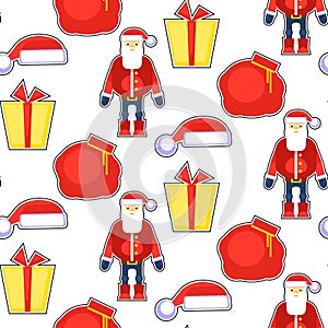 Funny seamless pattern with red santa claus, hat, gift, bag. Vector illustration. Christmas cartoon sticker design. Decorative te