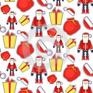Funny seamless pattern with red santa claus, hat, gift, bag. Vector illustration. Christmas cartoon sticker design. Decorative te