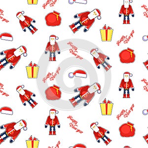 Funny seamless pattern with red santa claus, hat, gift, bag. Vector illustration. Christmas cartoon sticker design. Decorative te