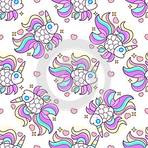 Funny Seamless Pattern With Unicorn Fish. Cute Fish In The Hearts. Children`s Drawing