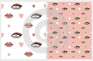 Funny Seamless Vector Patterns with Hand Drawn Eyes, Lips and Hearts.