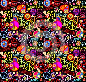 Funny seamless wallpaper with colorful hippie print with peace and love lettering, flay agaric, butterfly, abstract flowers
