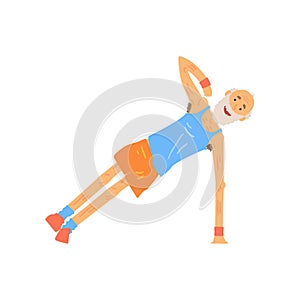 Funny senior character doing side plank. Elderly bearded man in sportswear. Active and healthy lifestyle. Grandfather