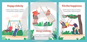 Funny Senior Characters Swing Cartoon Banners, Old Man and Woman Having Outdoors Fun Swinging on Seesaw