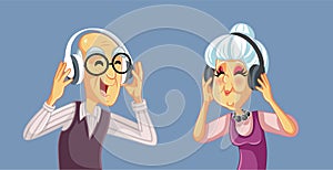 Funny Senior Couple Wearing Headphones Listening to Music