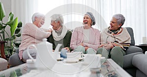 Funny, senior women and friends in home living room, bonding and laughing together. Happy, elderly group and people on