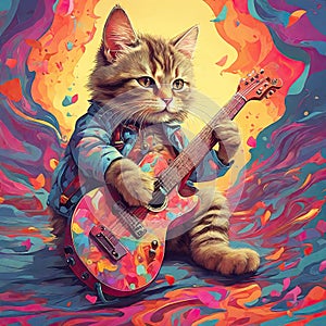 Funny serious cat playing a guitar. Art illustration of a cute animal