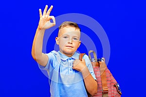 Funny serious little blonde kid schoolboy red striped backpack posing isolated on blue background.showing OK gesture