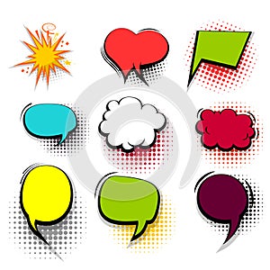 Funny set colored comic speech bubble heart burst