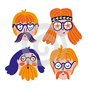 Funny set of cute hippies portraits. Vector avatars for festival. Hand drawn faces