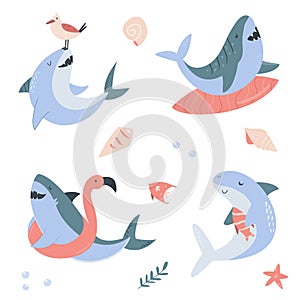Funny set with happy sharks. Vector illustration