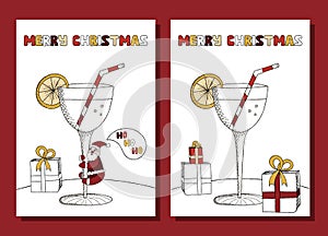 Funny set of Merry Christmas greeting cards with alcohol cocktails with the lemon and tube, Santa Claus climbing on the martini