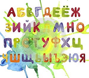 Funny set of russian letters, hand drawn alphabet with watercolor pencils on watercolor spot. Good for children`s stuff