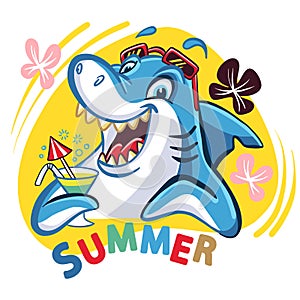 Funny shark with a coctail summer vector illustration