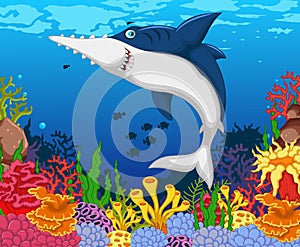 Funny shark saws cartoon with beauty sea life background