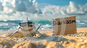 Funny Shark With Sunglasses Holding A Sign With The Word \