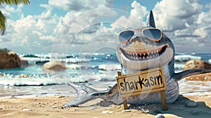 Funny Shark With Sunglasses Holding A Sign With The Word \