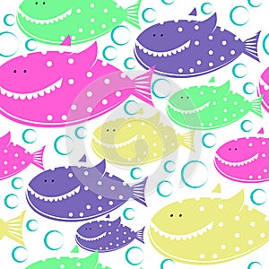 Funny sharks with teeth. seamless pattern. vector