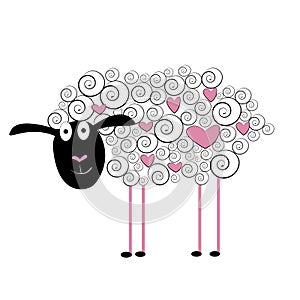 Funny sheep. Cartoon animal with hearts.