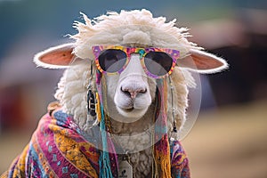 Funny sheep dressed to go to music festival reggae