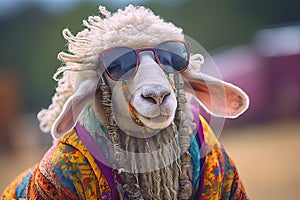 Funny sheep dressed to go to music festival reggae