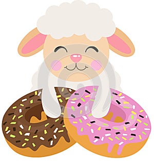 Funny sheep lamb with strawberry and chocolate donuts